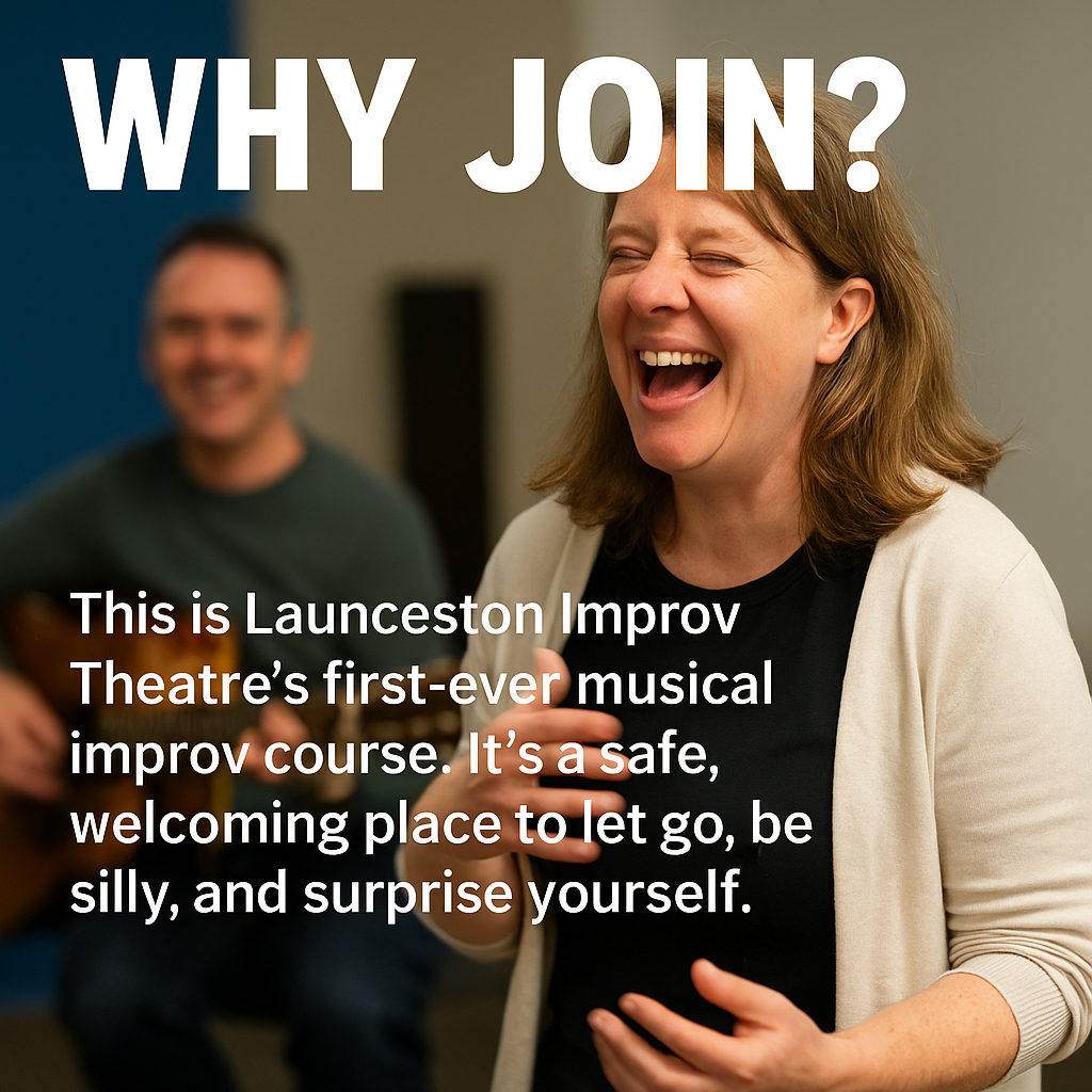 A woman laughs joyfully during a musical improv workshop at Launceston Improv Theatre, with a guitarist smiling behind her.